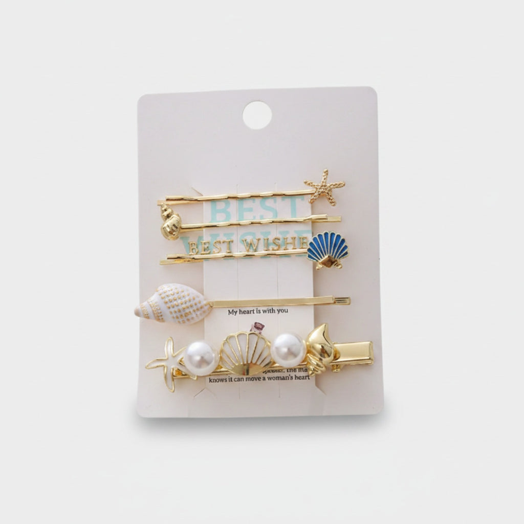 Gold Pearl Starfish Shell Hair Clip Set