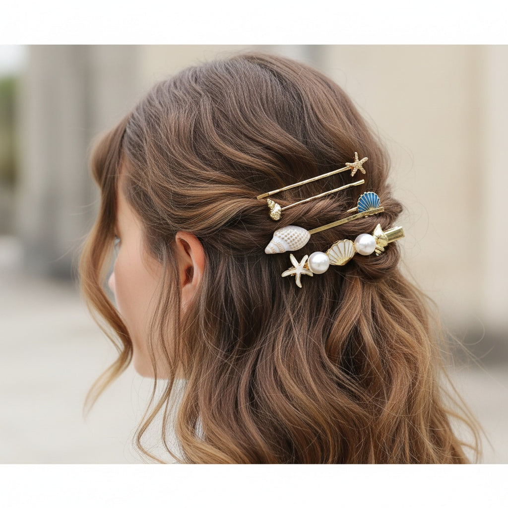 Gold Pearl Starfish Shell Hair Clip Set