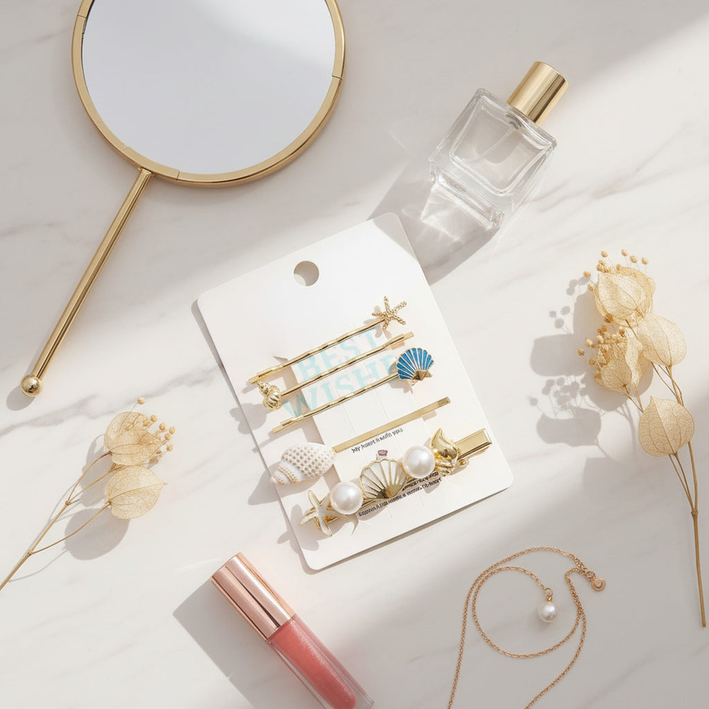 Gold Pearl Starfish Shell Hair Clip Set – hair accessories (view 2)