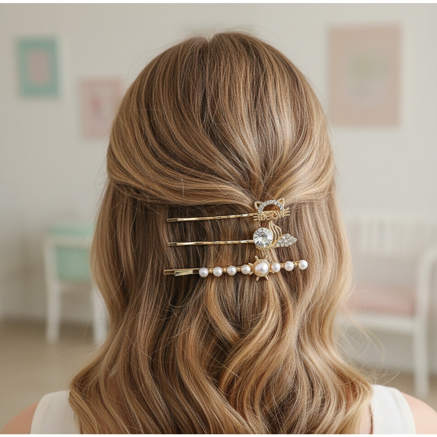 Gold Pearl And Charm Hair Clips Set