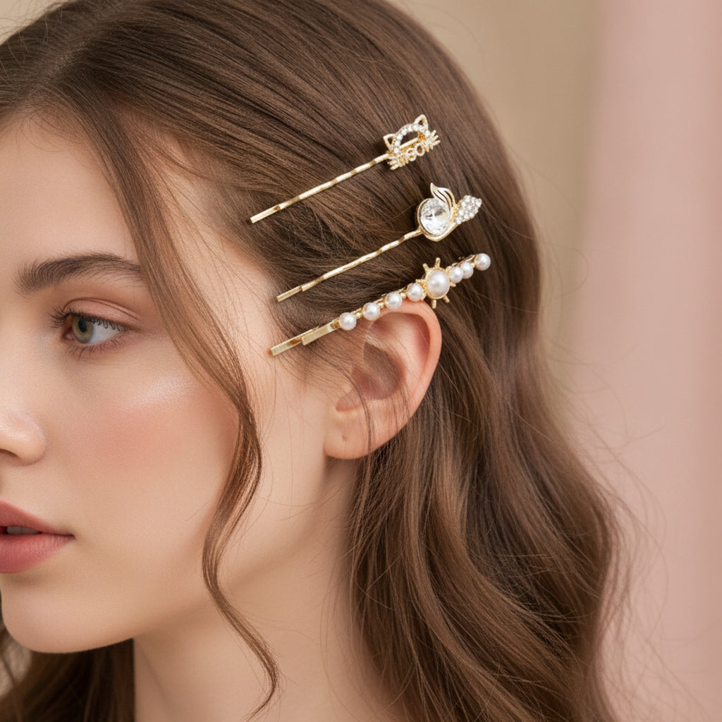 Gold Pearl And Charm Hair Clips Set – hair accessories (view 3)