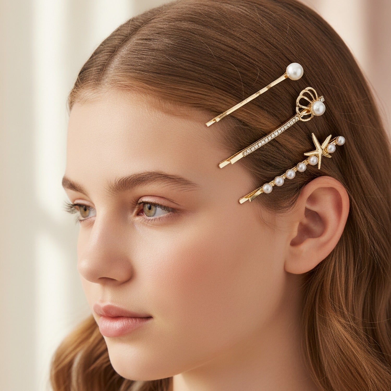 Pearl and Rhinestone Gold Hair Clips Set – hair accessories (view 3)
