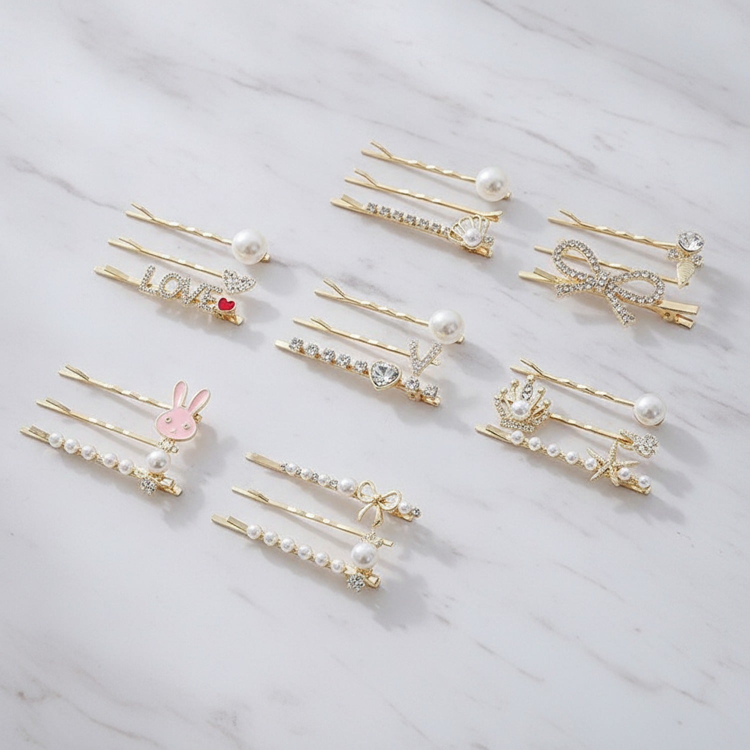 Pearl and Rhinestone Gold Hair Clips Set