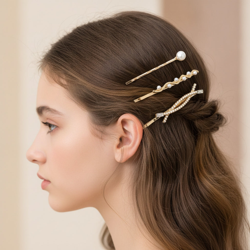 Gold Pearl Hair Clips Set Three-Pack – hair accessories (view 2)
