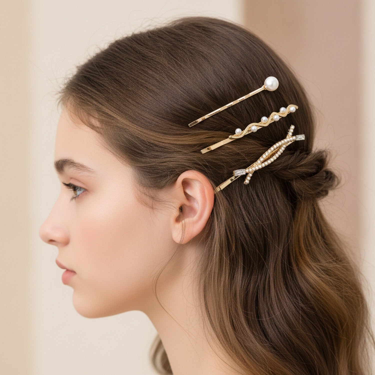 Gold Pearl Hair Clips Set Three-Pack – hair accessories (view 2)
