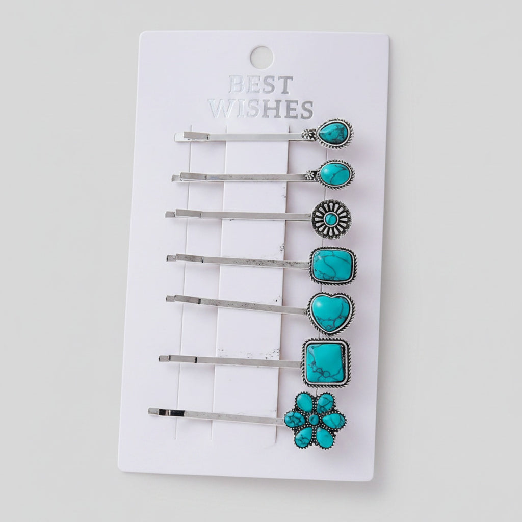 Turquoise Stone Hair Clips Set With Flower Charm