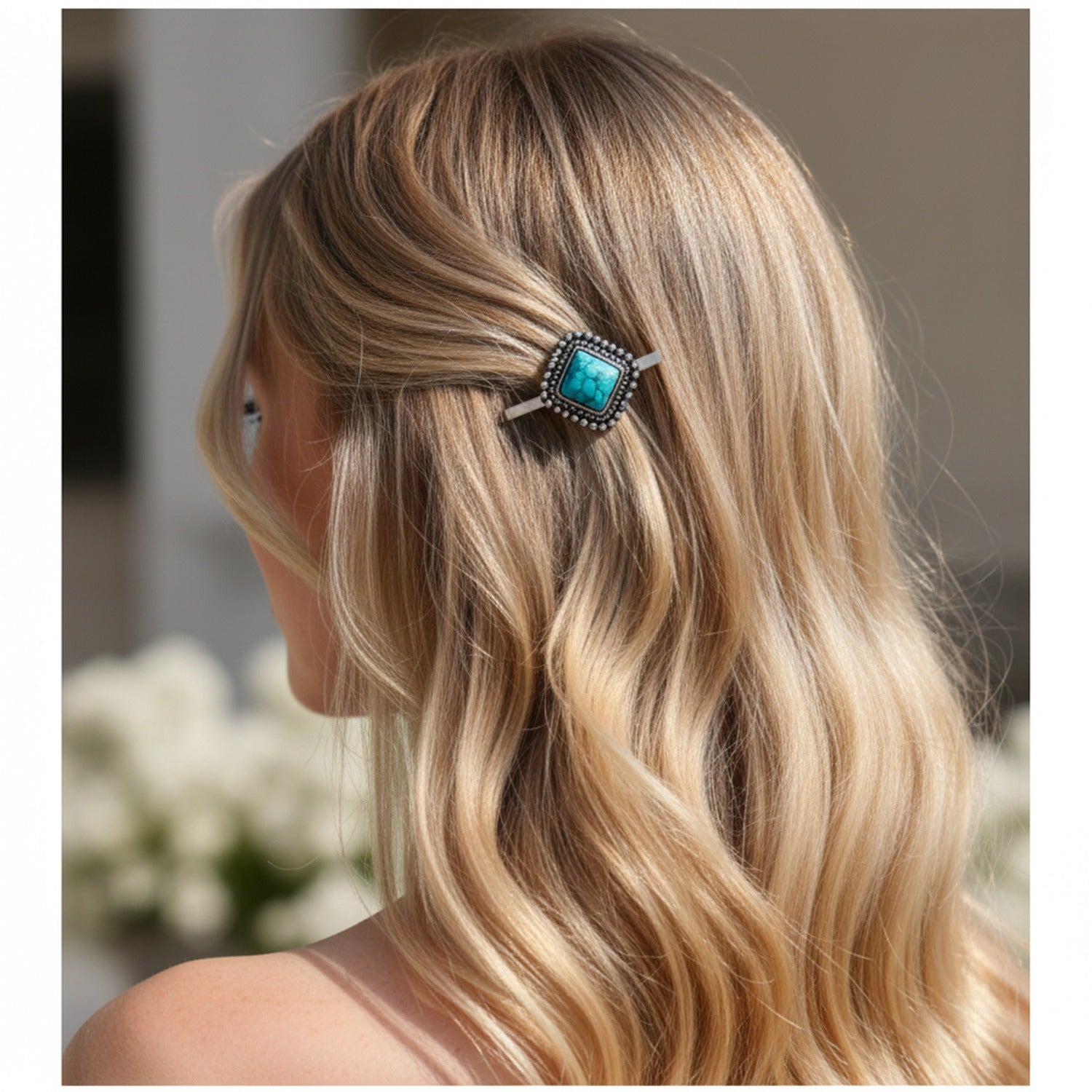 Turquoise Stone Hair Clips Set With Flower Charm