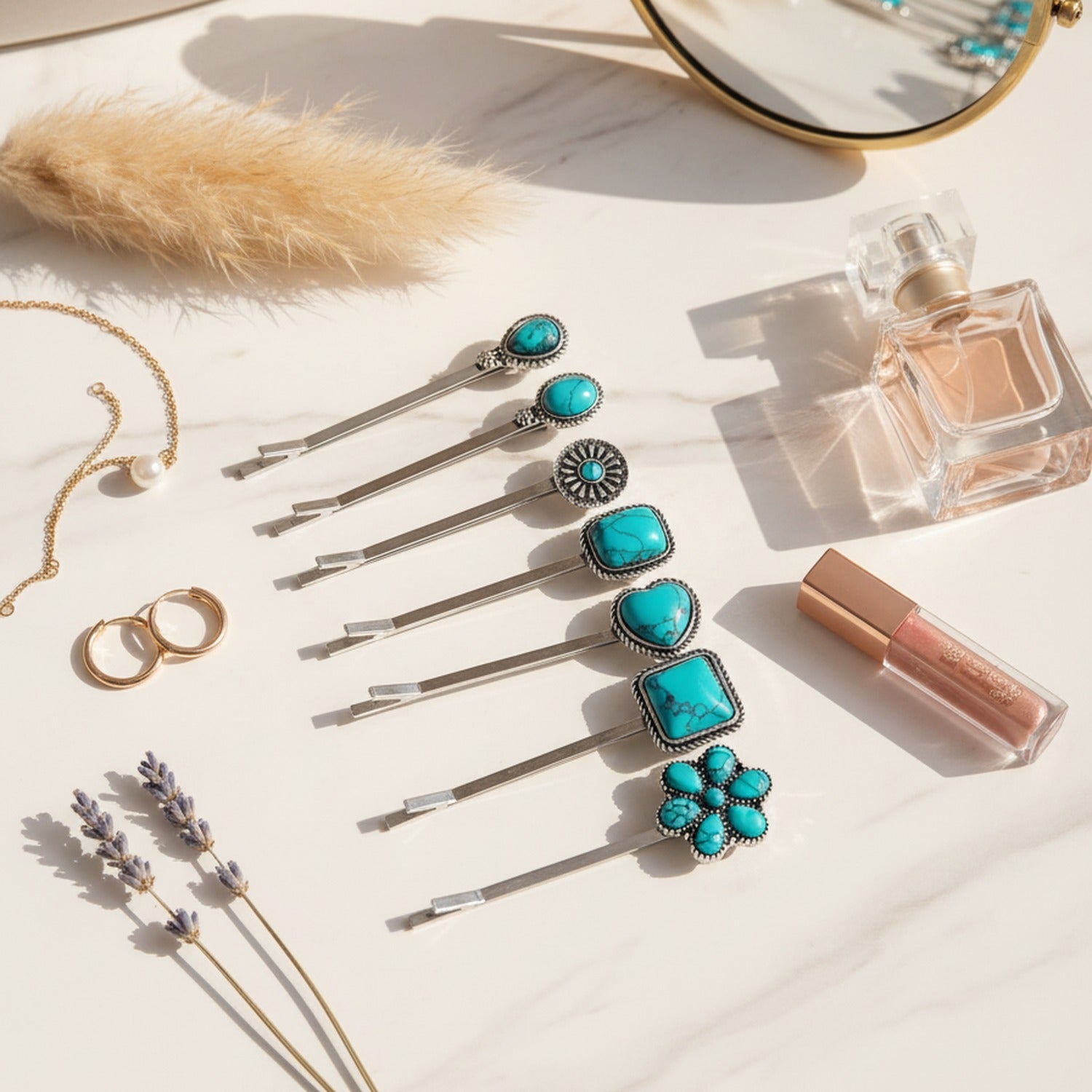 Turquoise Stone Hair Clips Set With Flower Charm – hair accessories (view 2)