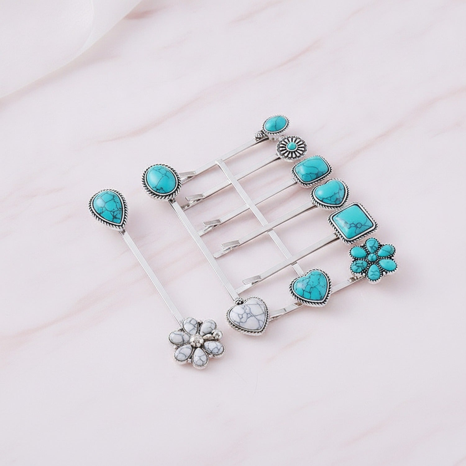 Turquoise Stone Hair Clips Set With Flower Charm