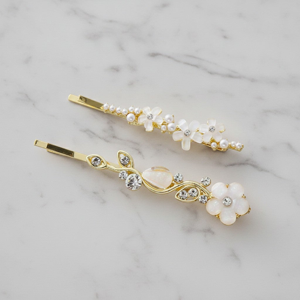 Gold Pearl and Crystal Hair Clip Set