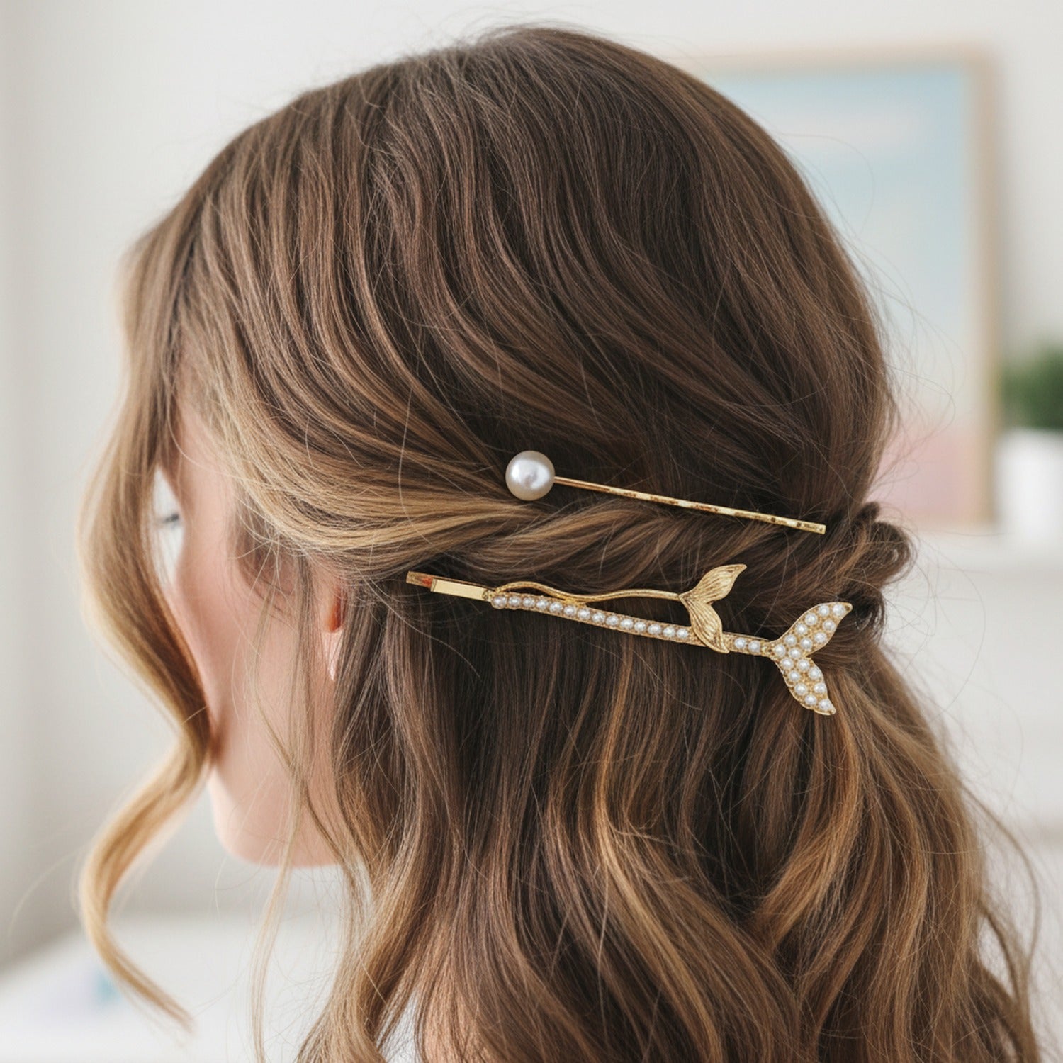 Pearl Mermaid Tail Gold Hair Clips Set