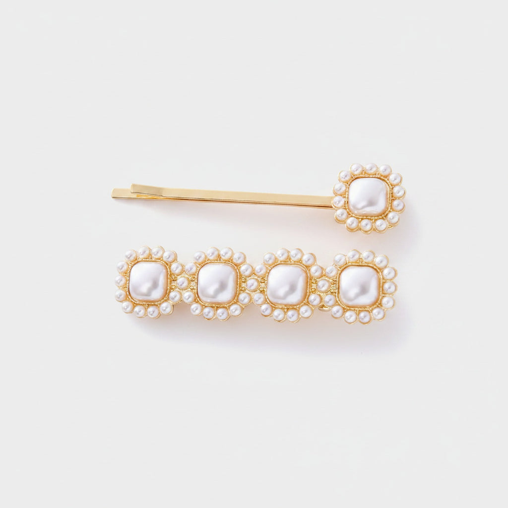 Pearl Beaded Square Gold Hair Clip Set