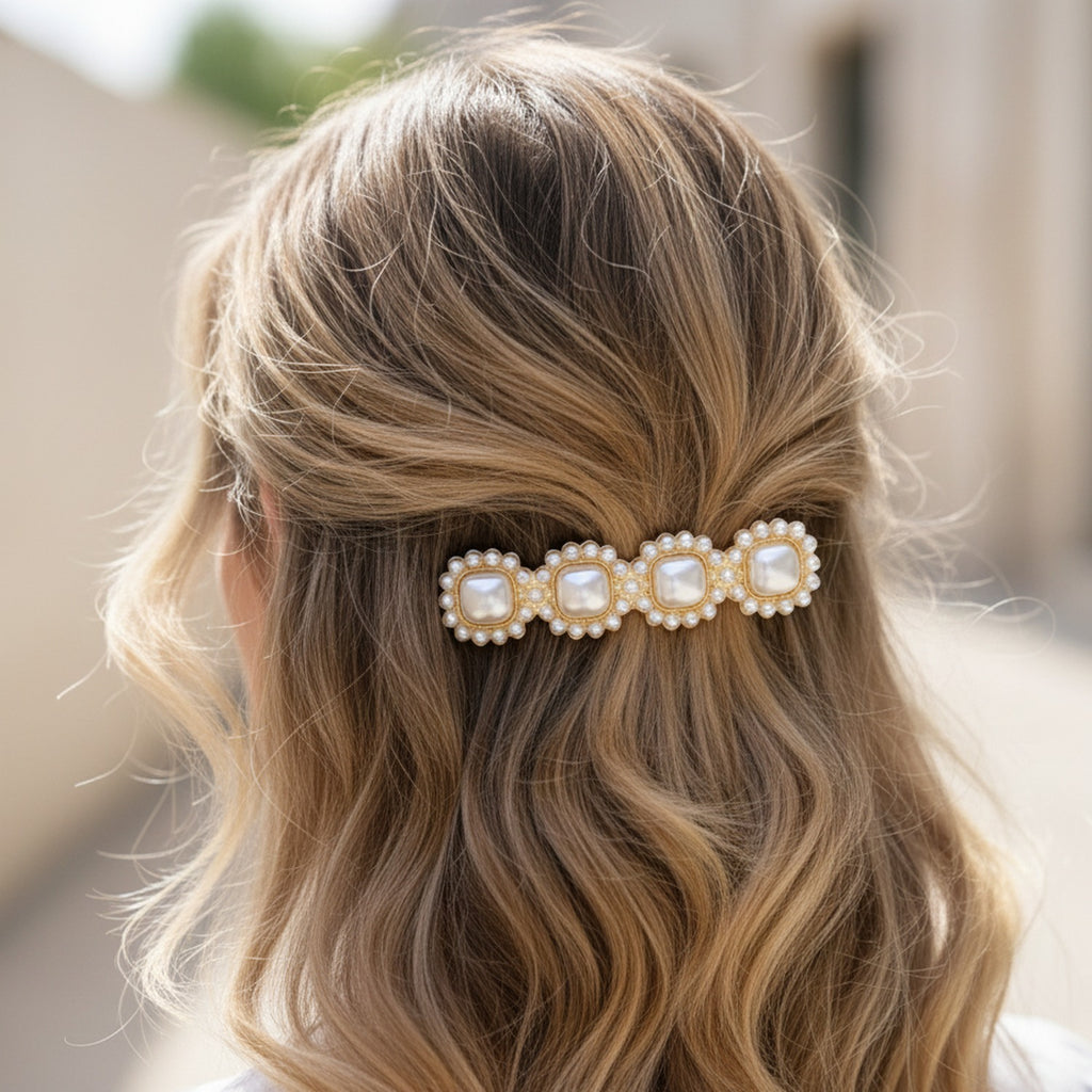 Pearl Beaded Square Gold Hair Clip Set