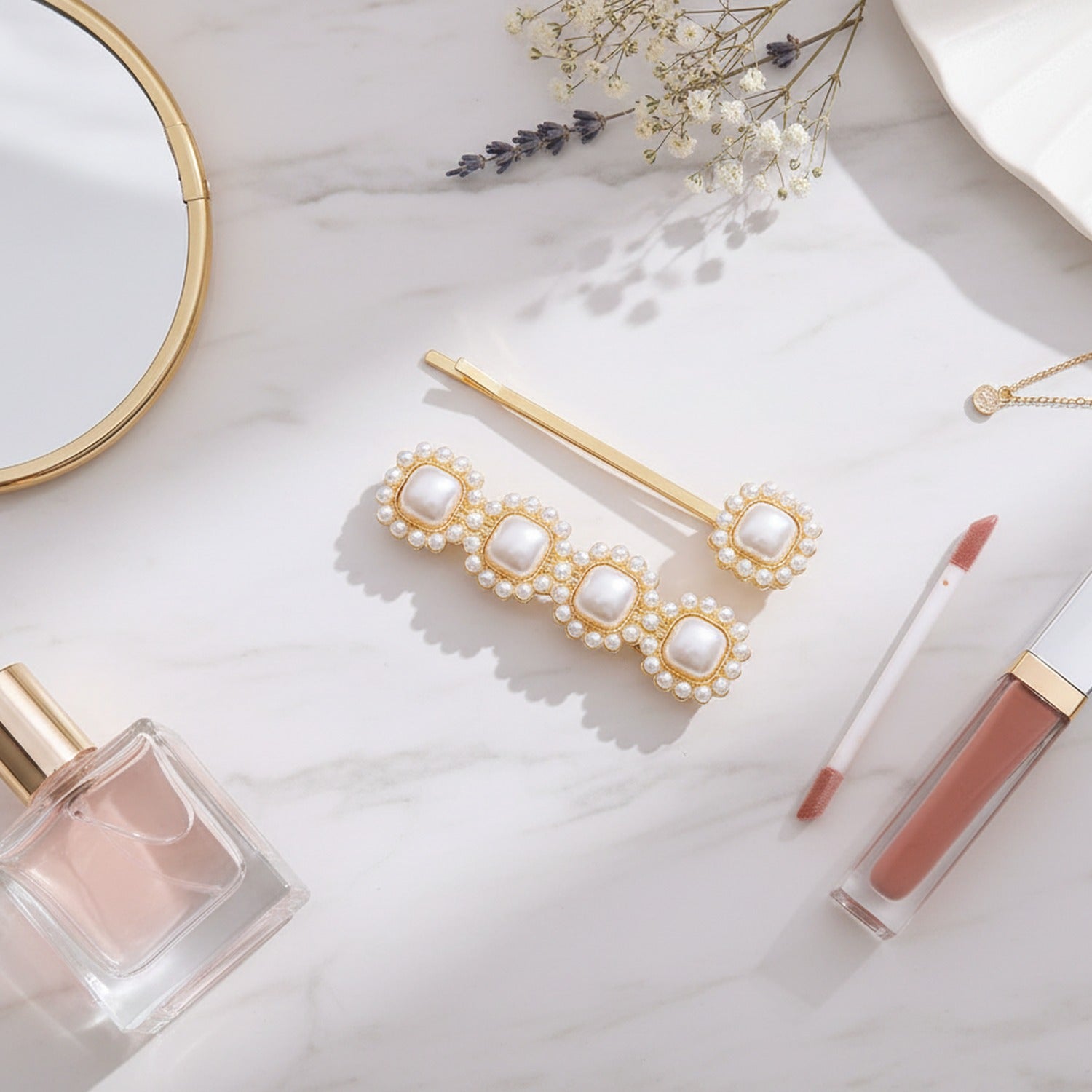Pearl Beaded Square Gold Hair Clip Set – hair accessories (view 2)