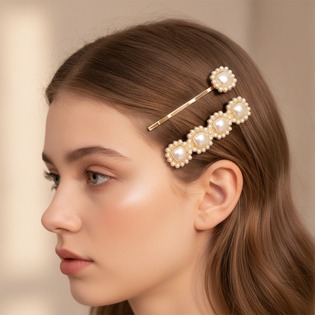 Pearl Beaded Square Gold Hair Clip Set – hair accessories (view 3)