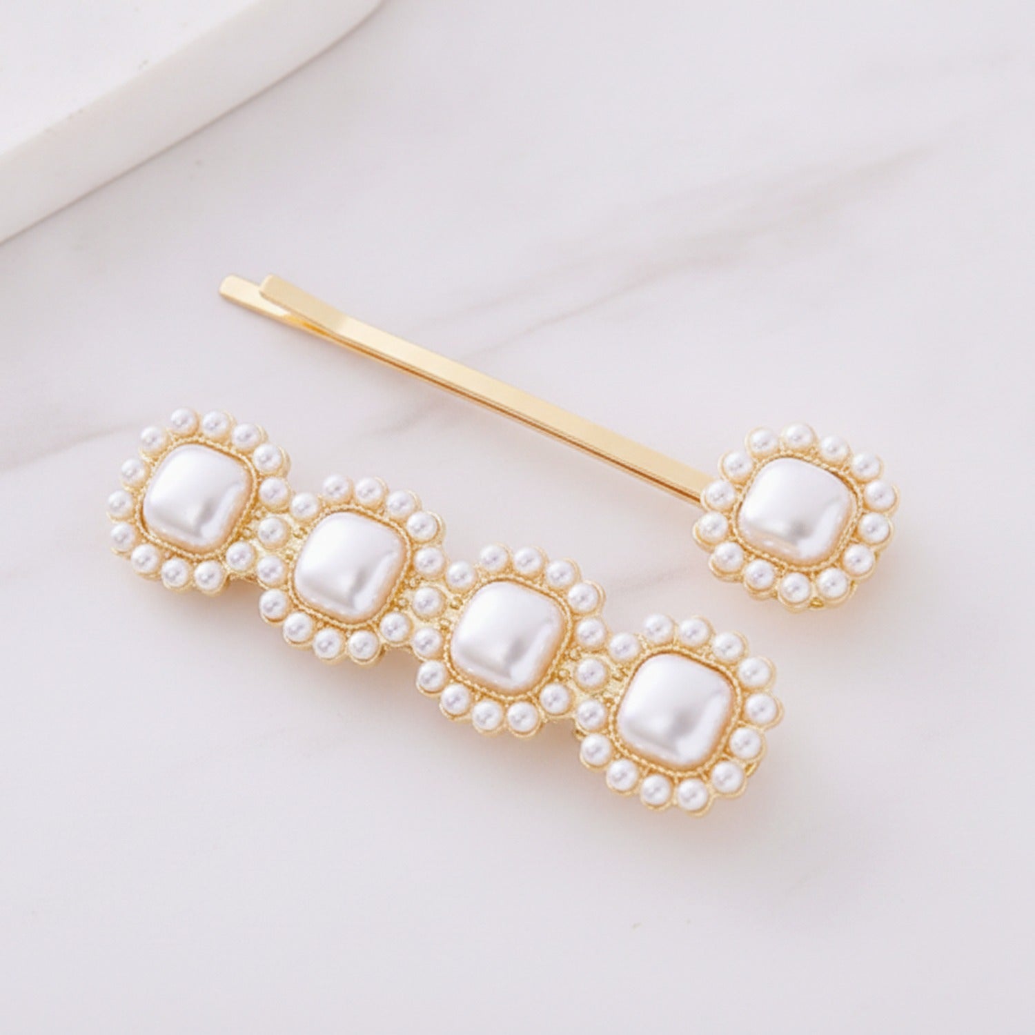 Pearl Beaded Square Gold Hair Clip Set