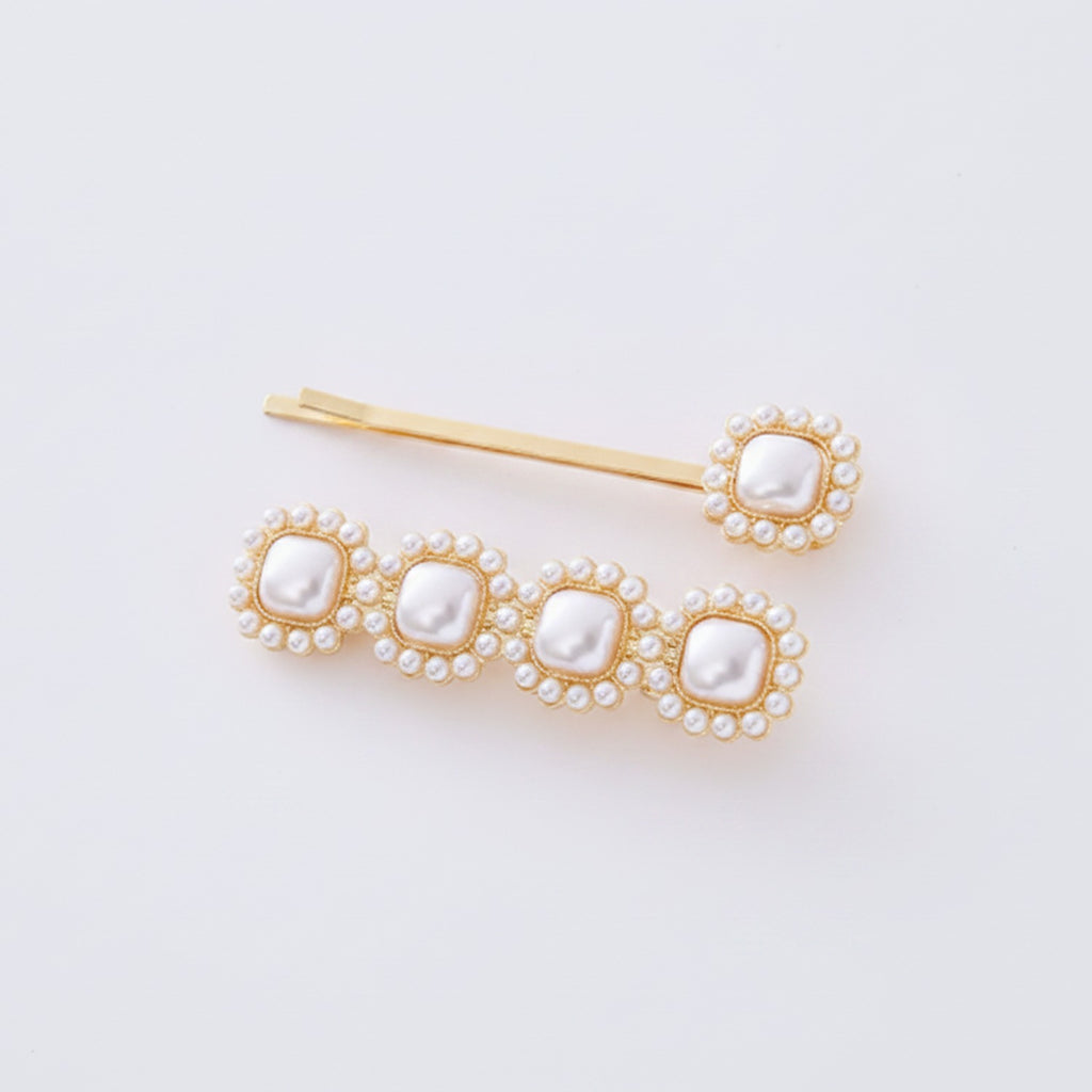 Pearl Beaded Square Gold Hair Clip Set – hair accessories (view 1)