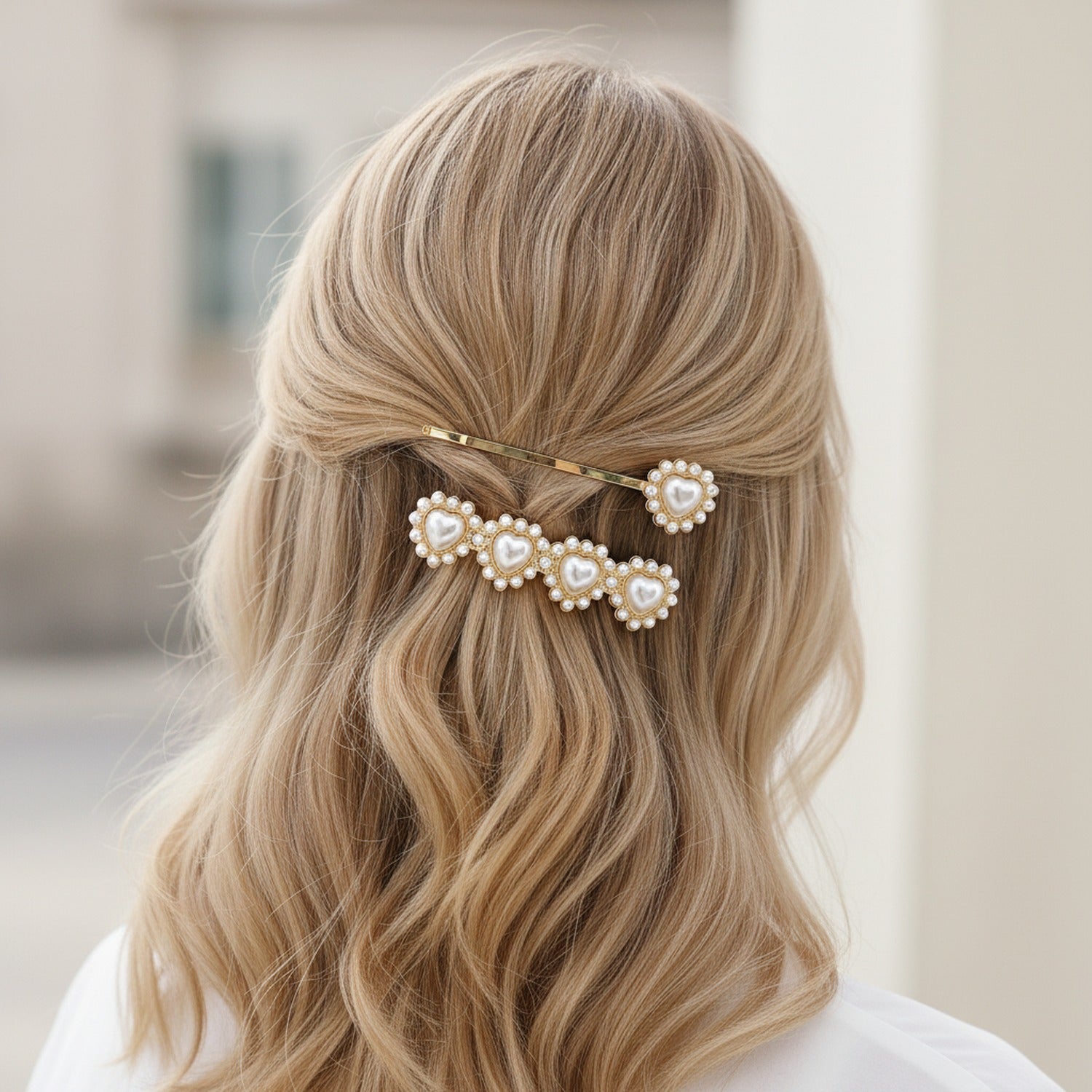 Pearl Heart Gold Hair Clips Set