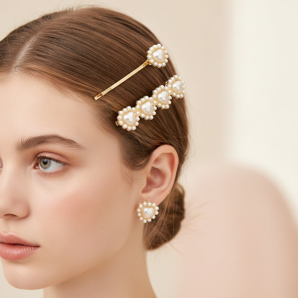 Pearl Heart Gold Hair Clips Set – hair accessories (view 2)