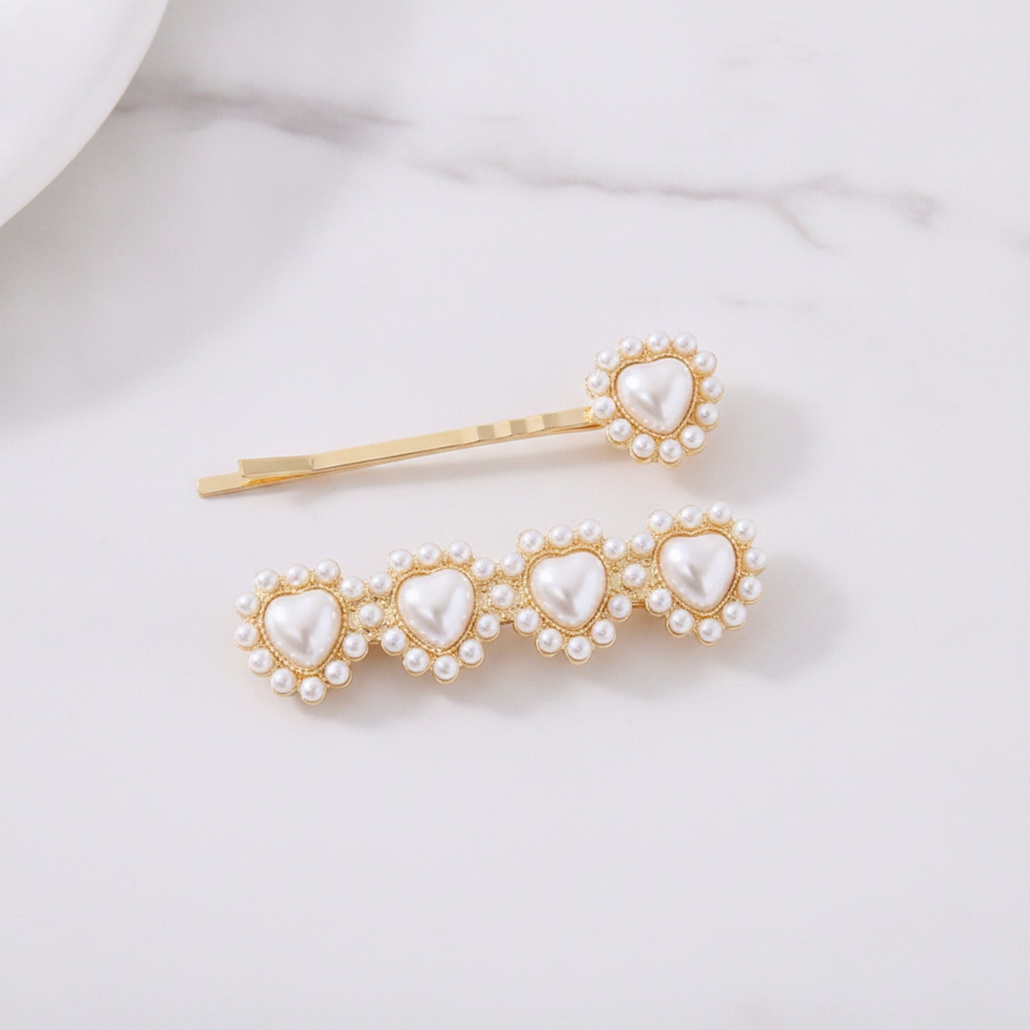 Pearl Heart Gold Hair Clips Set