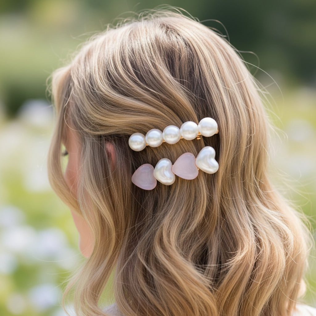Pearl Heart Hair Clips Set Gold