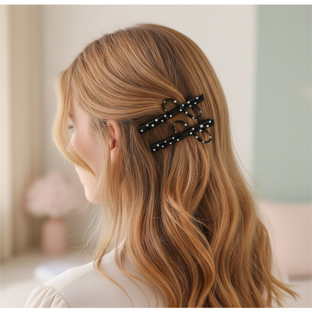 Black Polka Dot Bow Hair Clips Pair