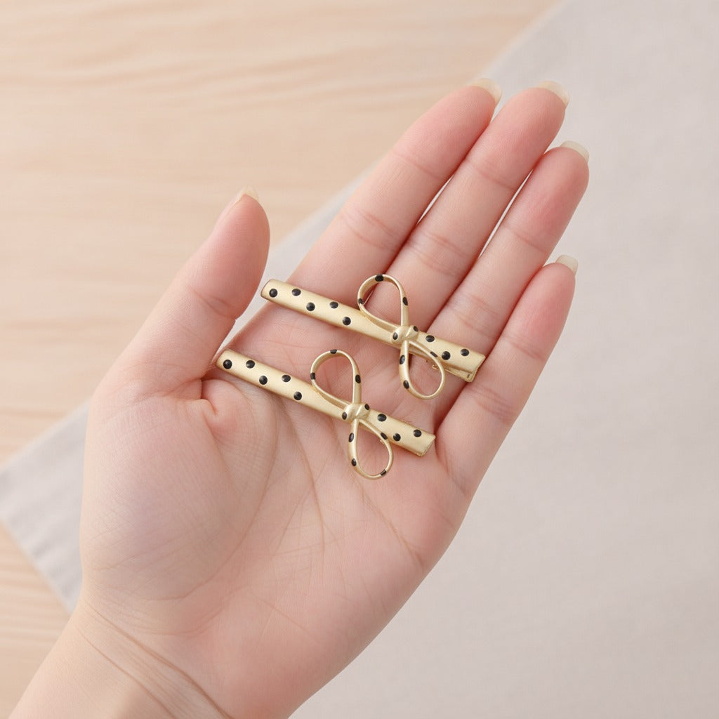 Gold Polka Dot Hair Clips With Bow – hair accessories (view 3)