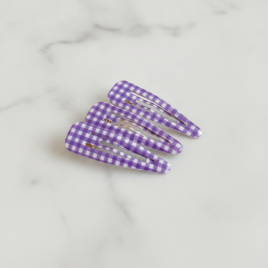 Teardrop Hair Clips Set - Purple Check