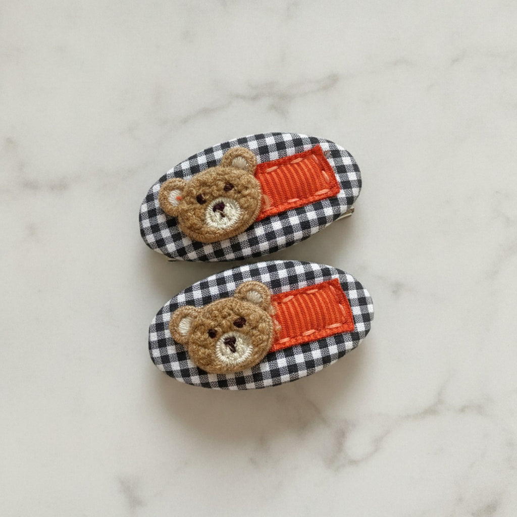 Teddy Bear Hair Clip Duo - Black Gingham