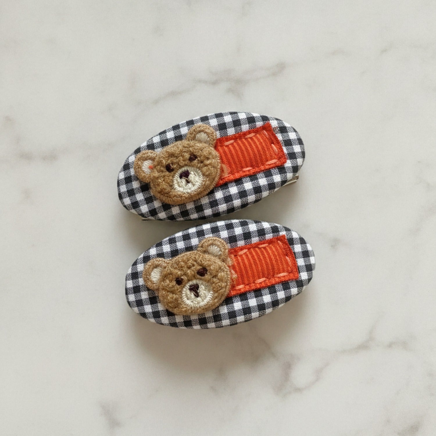Teddy Bear Hair Clip Duo - Black Gingham