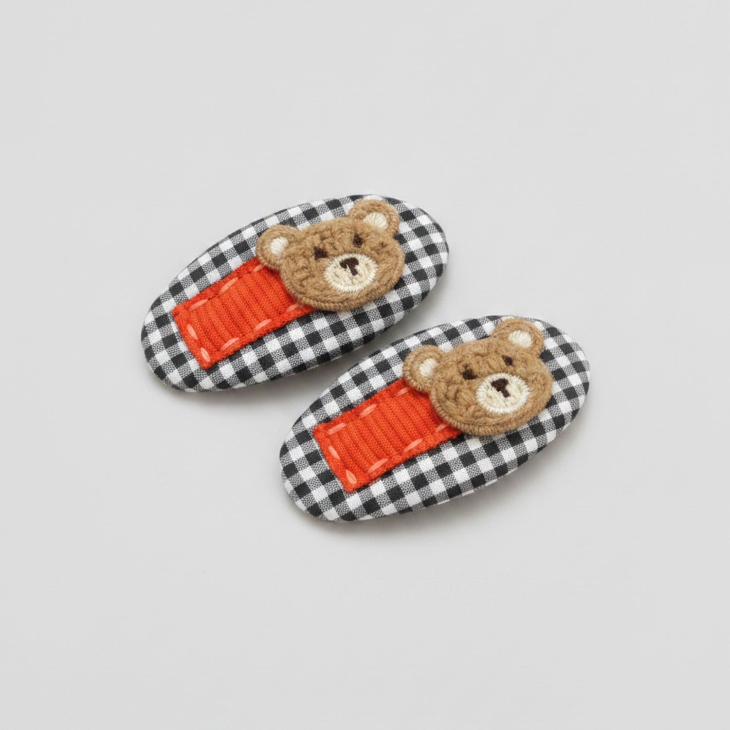 Teddy Bear Hair Clip Duo - Black Gingham