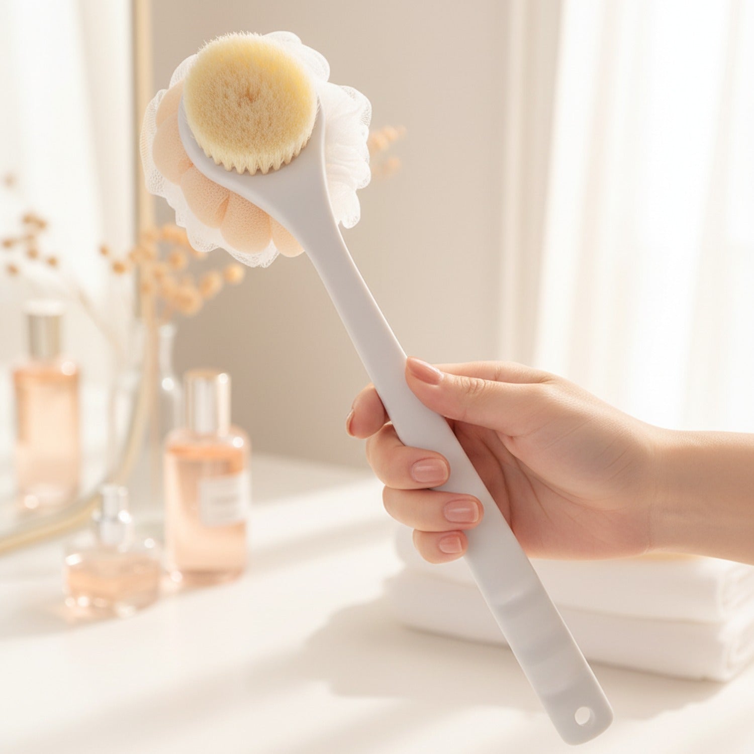 Long Handle Bath Brush With Loofah Sponge