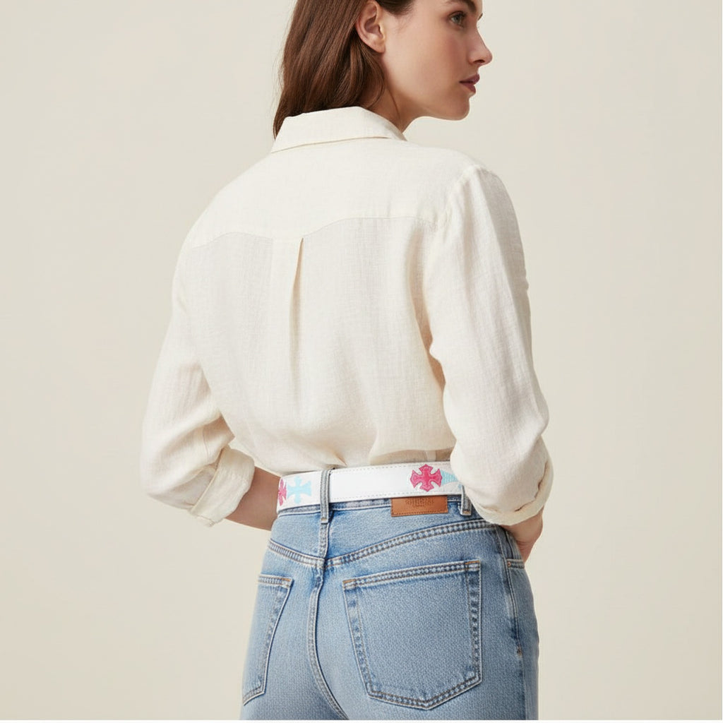 White Leather Belt With Pink Flower Charm