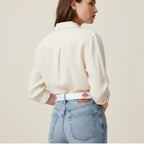 White Leather Belt With Pink Flower Charm