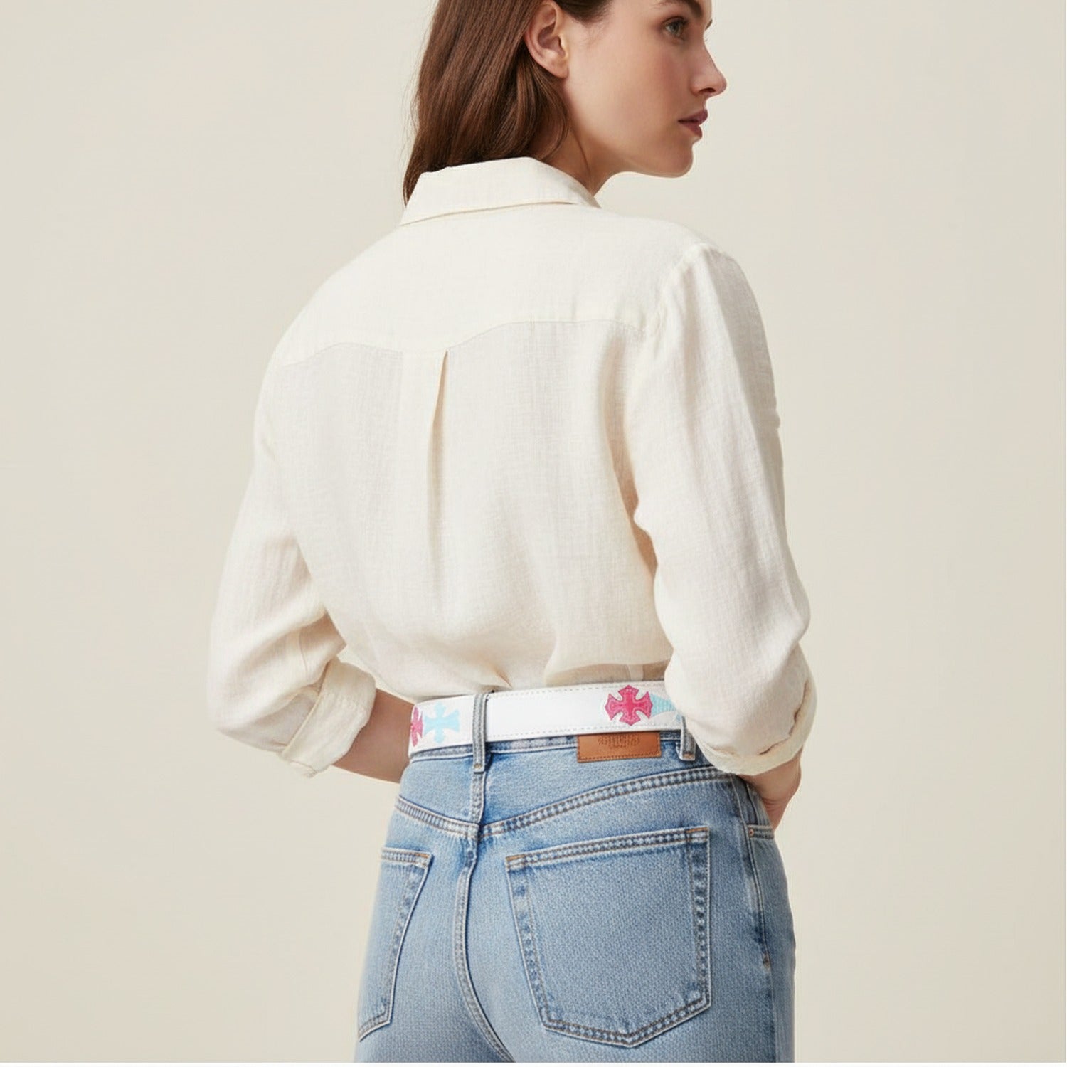 White Leather Belt With Pink Flower Charm