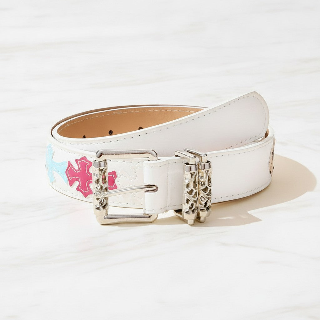 White Leather Cross Embellished Belt