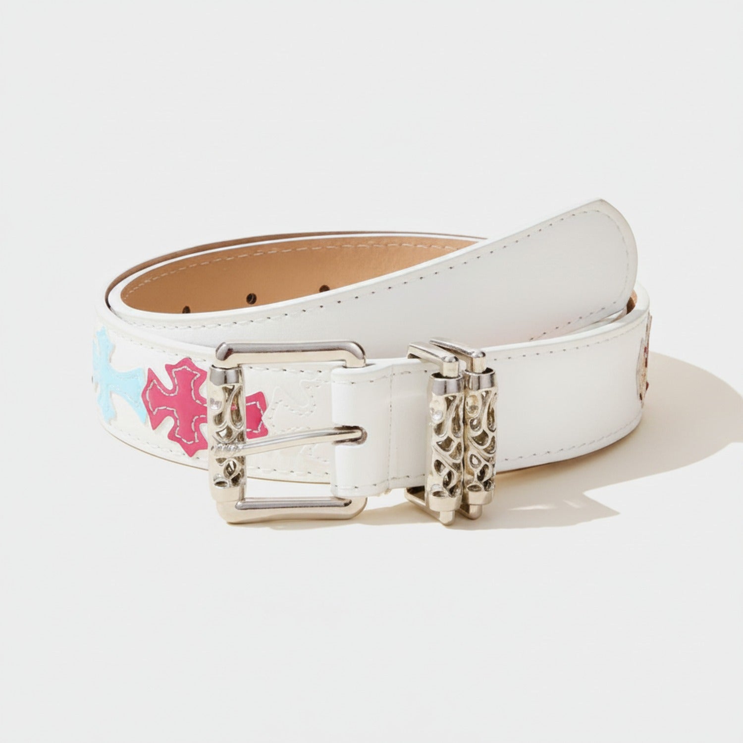 White Leather Cross Embellished Belt
