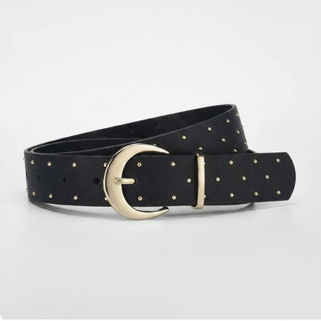 Black Studded Leather Belt With Gold Buckle
