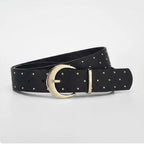Black Studded Leather Belt With Gold Buckle