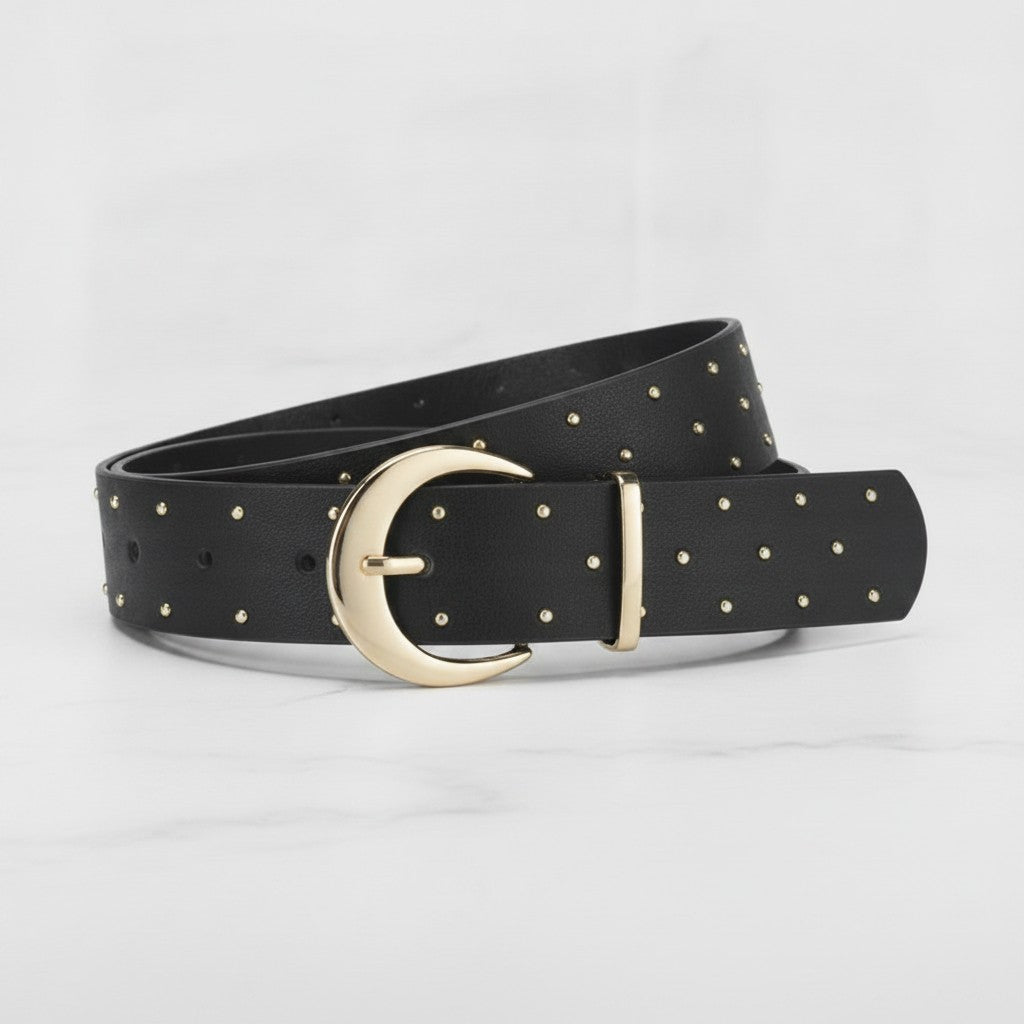 Black Studded Leather Belt With Gold Buckle