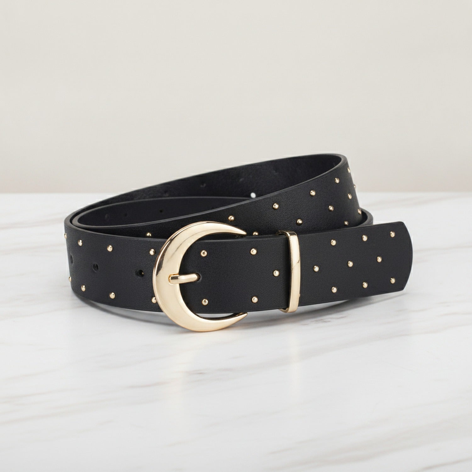 Black Studded Leather Belt With Gold Buckle