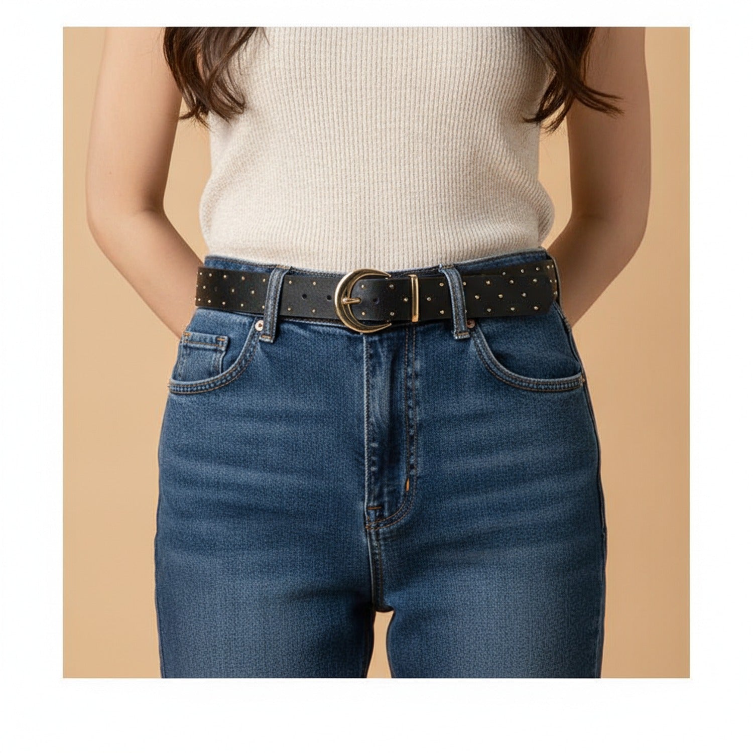 Black Studded Leather Belt With Gold Buckle