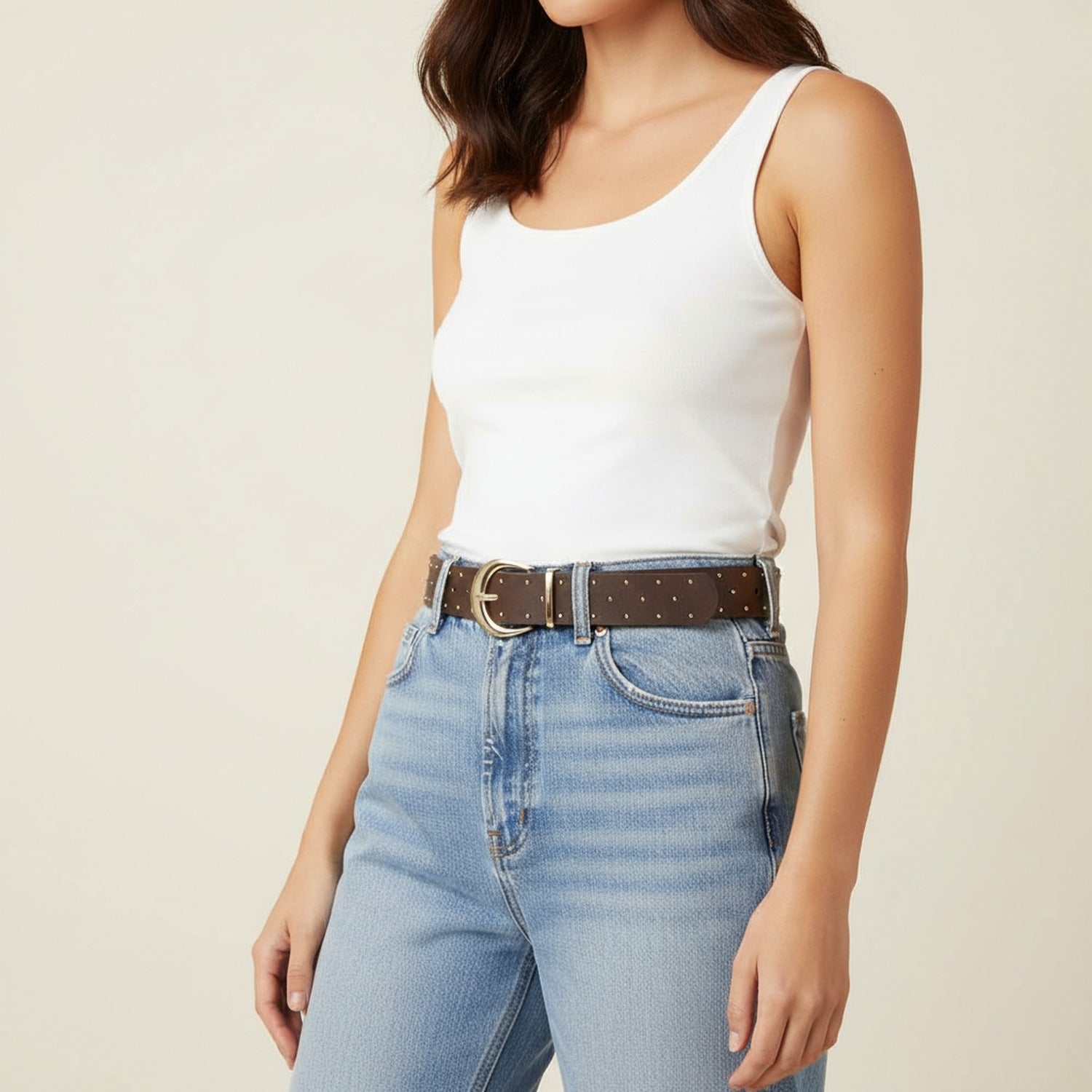 Brown Studded Leather Circle Buckle Belt