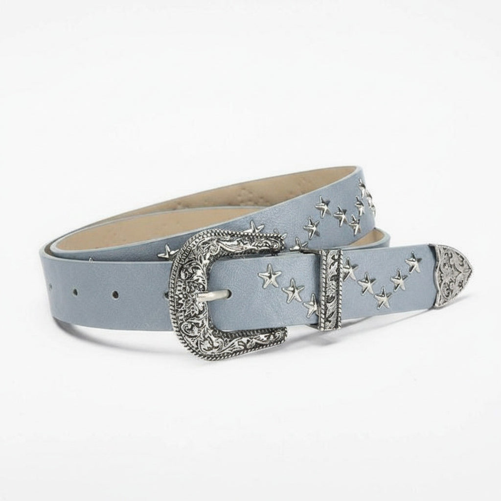 Light Blue Star Studded Western Buckle Belt