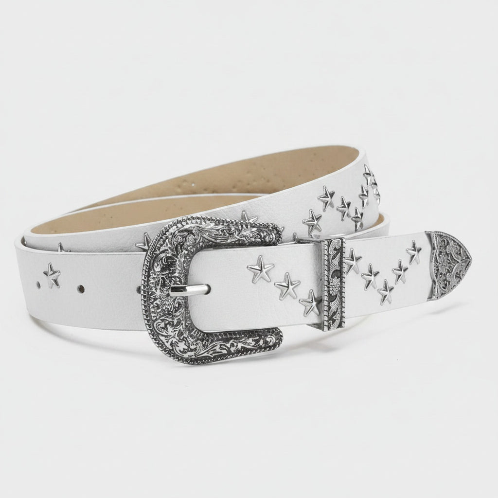 White Leather Star Studded Statement Belt