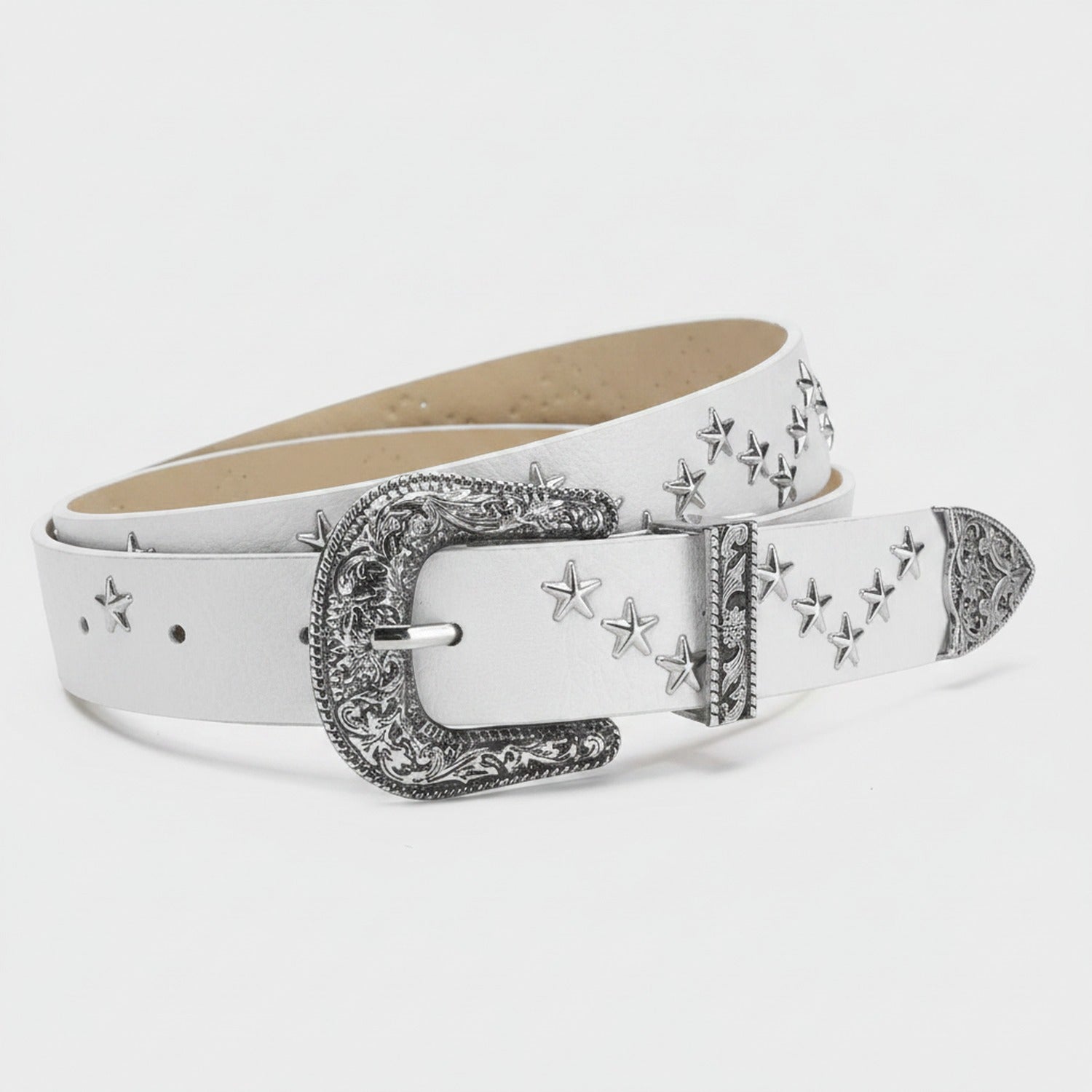 White Leather Star Studded Statement Belt