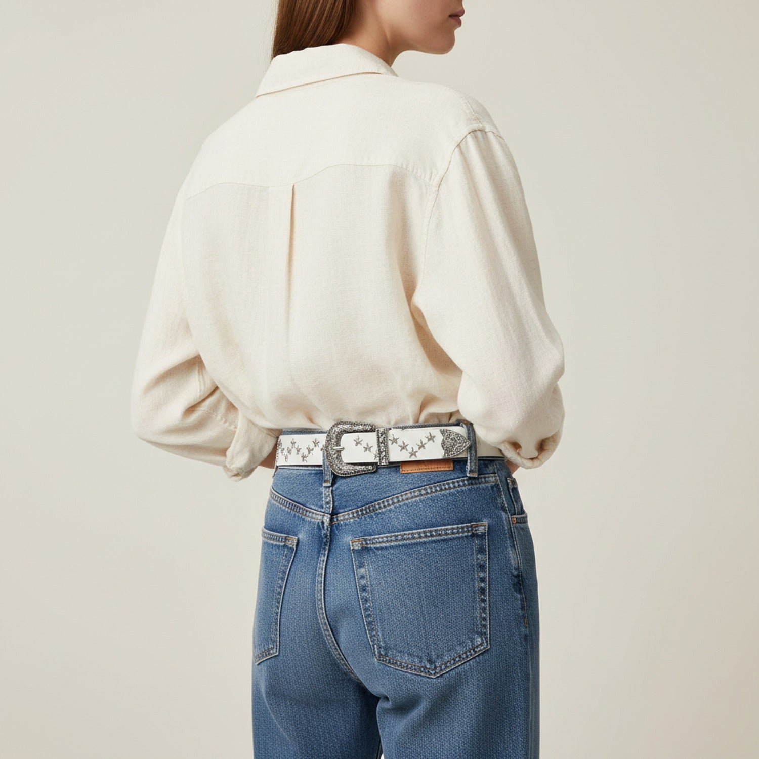 White Leather Star Studded Statement Belt
