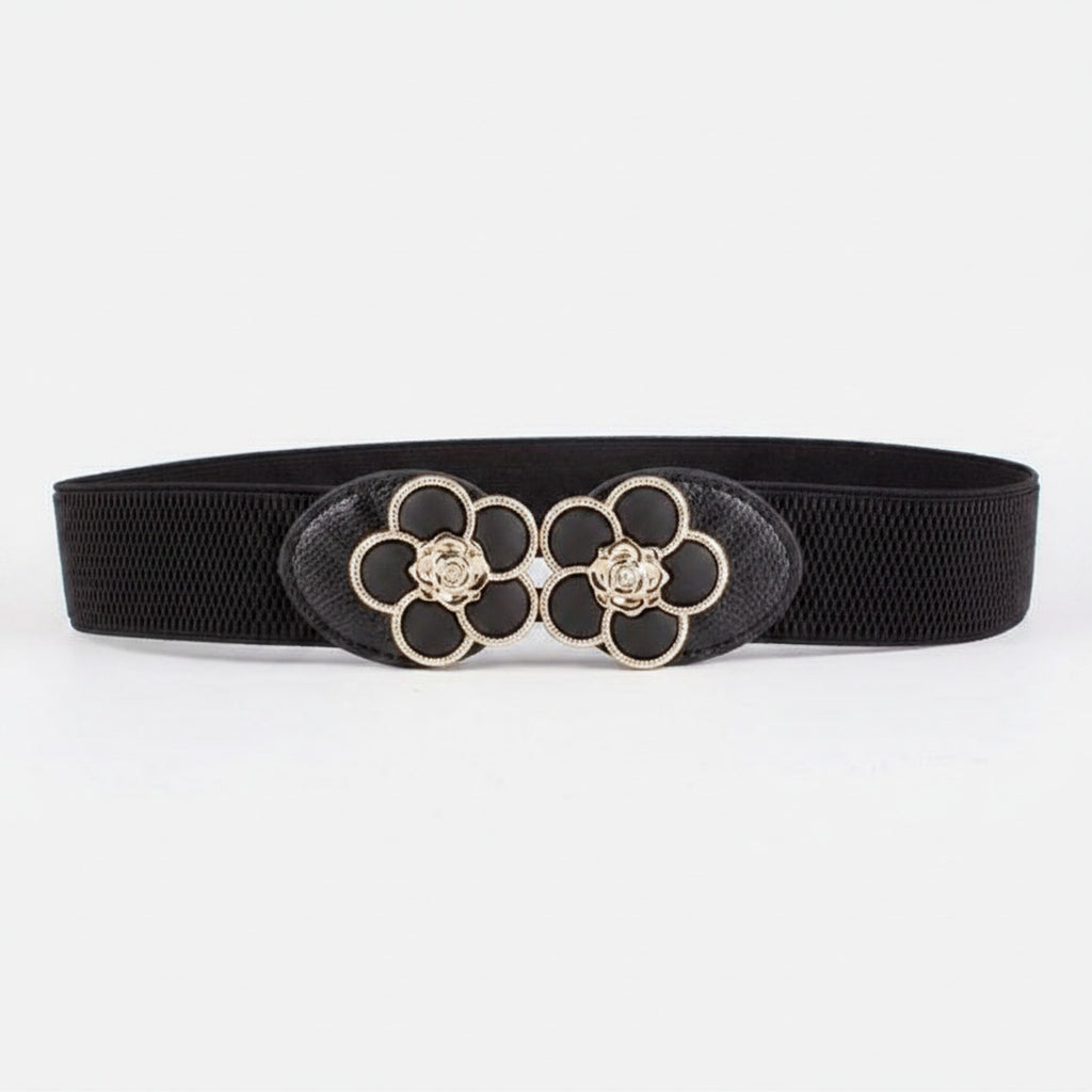 Black Elastic Belt With Flower Circle Buckle