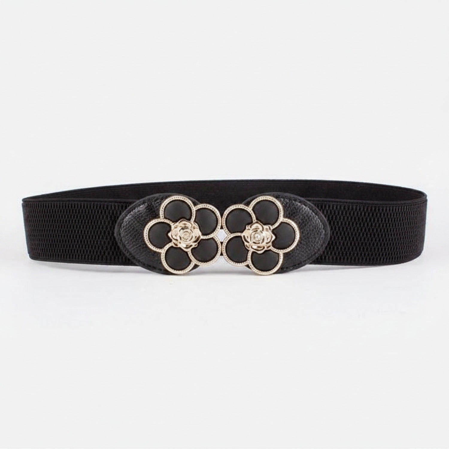 Black Elastic Belt With Flower Circle Buckle