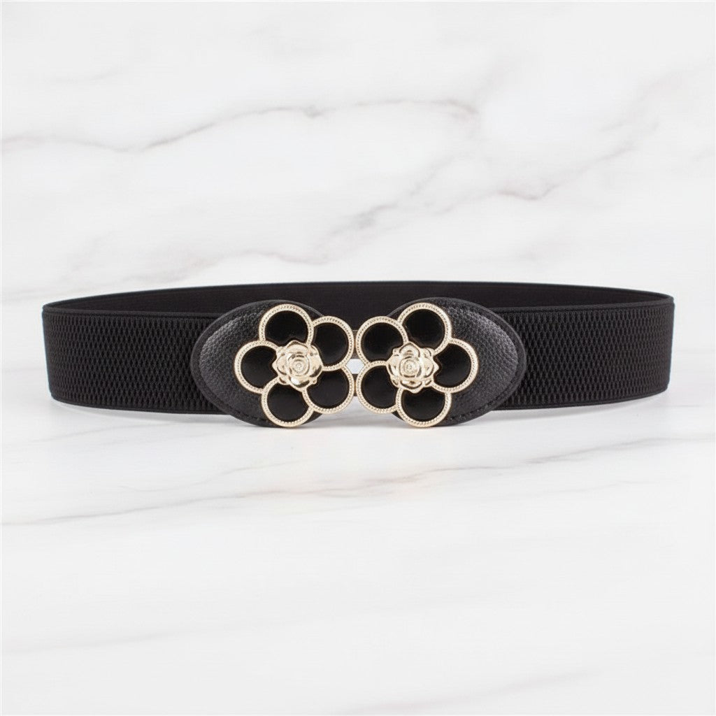 Black Elastic Belt With Flower Circle Buckle